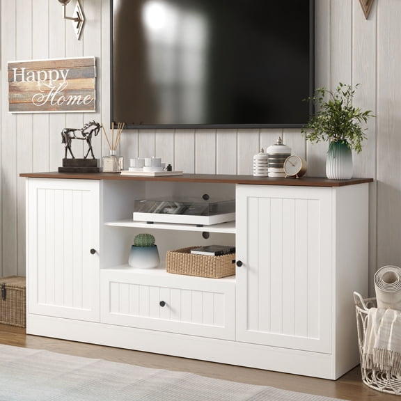63 in Farmhouse TV Stand for TVs up to 70 Inch, Modern Entertainment Center with Storage Drawer and Open Shelves, Shaker Door TV Console Media Cabinet for Living Room, Bedroom, White