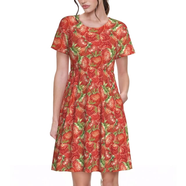 Bixox Robe d'Été à Manches Courtes pour Femmes Robe Ample Longueur Genou avec Poches-Fraise