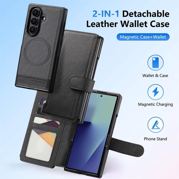 ELEHOLD Case for Samsung Galaxy Z Fold 7, 2-in-1 Detachable Magnetic Leather Wallet Case with 11 Card Slots,Stand Fuction,Black