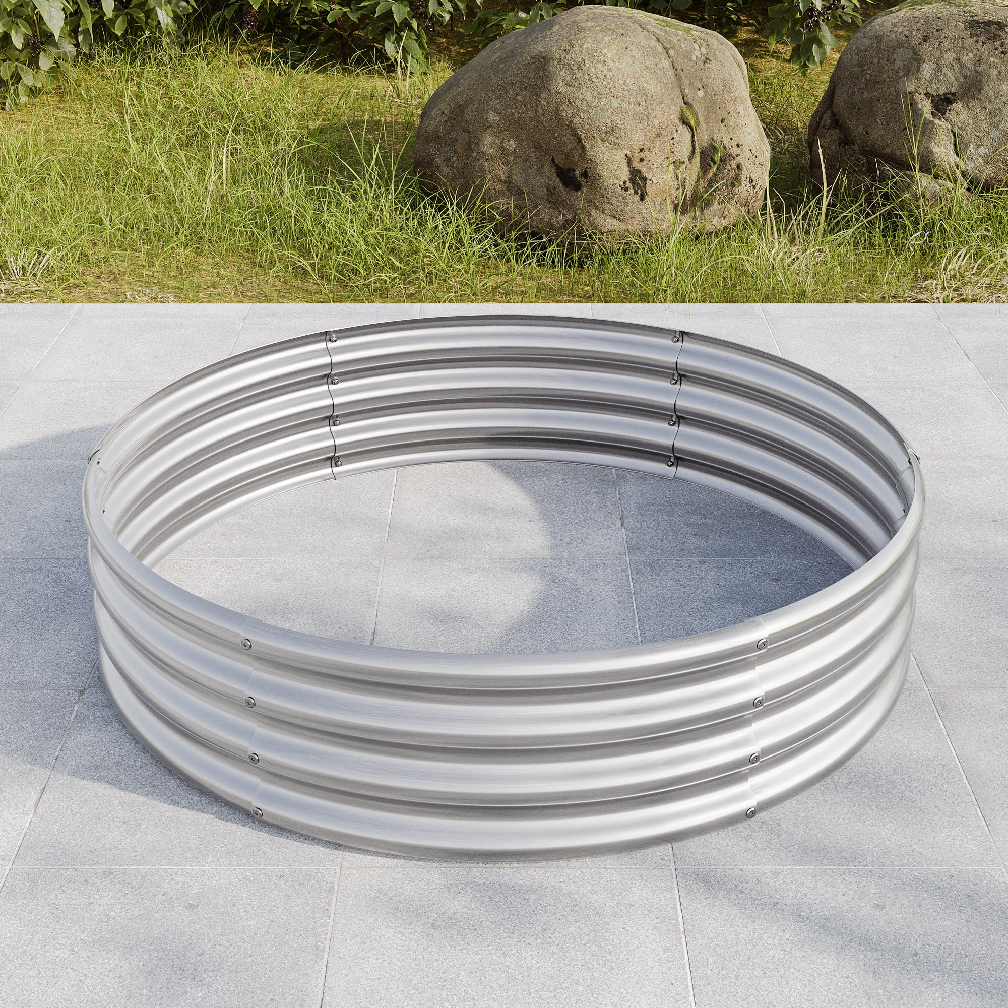 Galvanized Metal Planter Box, 2PCS 47.24"x11.4" Tall Round Outdoor Raised Garden Bed, Silver Backyard Patio Planter Raised Beds for Flower, Herbs, Fruits