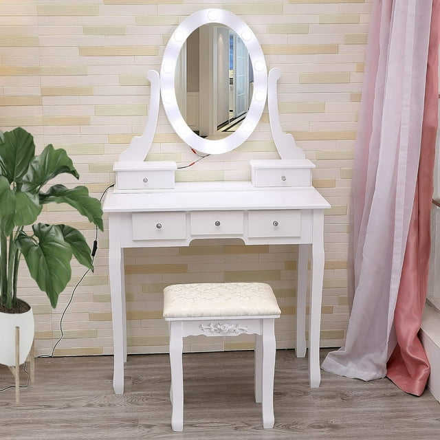 Ensemble de Coiffeuse avec Miroir Éclairé et Tabouret Rembourré, Table Moderne avec 5 Tiroirs pour Chambre, Coiffeuse pour Filles, Ados et Femmes