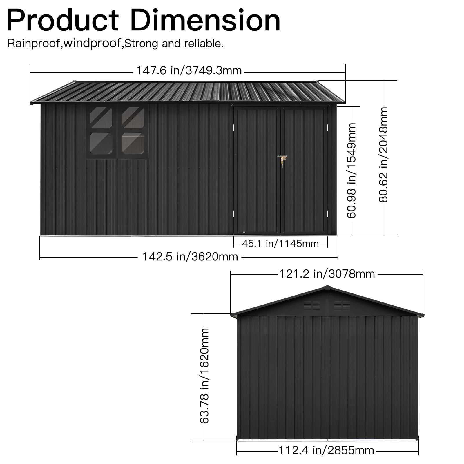 Aukfa 12FT x 10FT Outdoor Storage Shed, Metal Shed Storage with Window, Roof Slope Tool Shed with Door and Padlock for Backyards, Patio Lawns and Outdoor, Black