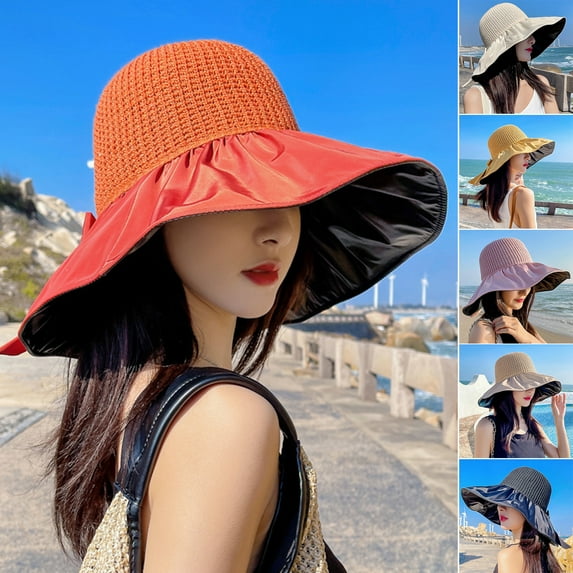 Women Fisherman Hat Solid Color Portable Big Brim UV Protection Bowtie Women Beach Hat Summer Cap