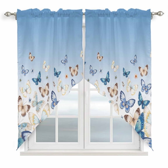 Blue Ombre Butterfly Kitchen Window Curtains, Swag Curtains Valance for Bedroom Living Room Bathroom, Pastoral Farmhouse Butterflies Rod Pocket Window Treatment Curtain Block Drapes 2 Panels 36"x63"