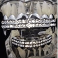 thumbnail image 5 of Vampire Fang Grillz Set Two Row Silver Tone Top Fangs & Bottom Teeth Bling Grills, 5 of 5