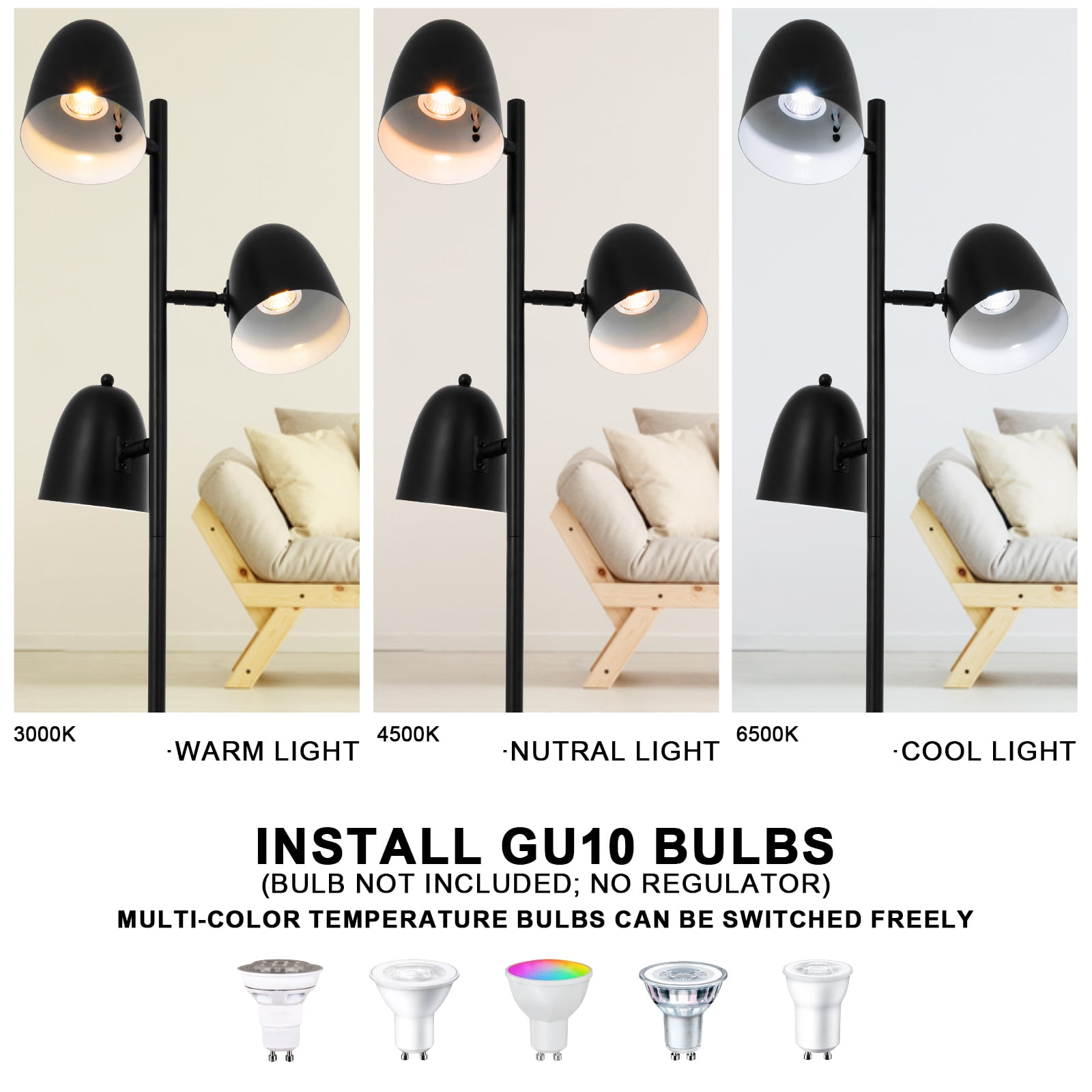 3-Head Black Floor Lamp, Duty Iron Floor Lighting with Arms, Modern Tripod Design for Living Room Bedroom, 15.7"W x 70.9"H with 11" Anti-Tip Base, GU10 Socket*1