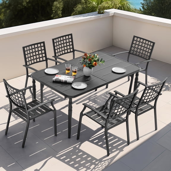 Nuu Garden 7-Piece Outdoor Metal Furniture Set, Outdoor Dining Set of 6, Patio Dining Set with Umbrella Hole and Powder Coating, 6 Stackable Chairs and 1 Rectangle Table, Black