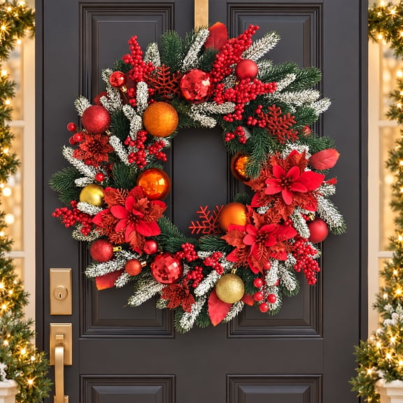 24 Inch Christmas Wreath for Front Door, Decorated with Red Berries, Christmas Ball, Poinsettia Flowers, for Indoor Outdoor Christmas Decoration