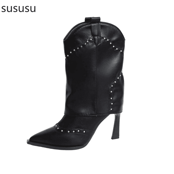 Stylish Stiletto Mid Calf Western Boots Featuring Edgy Studded And A Sleek Pointed Toe Design For A Modern And Fashion Statement