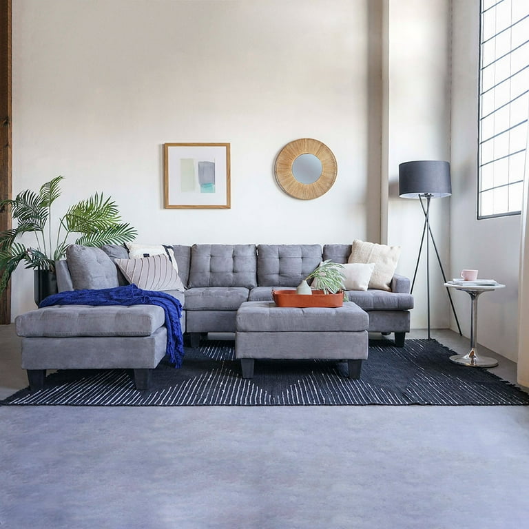 2 piece modern large tufted grey microfiber sectional sofa deals