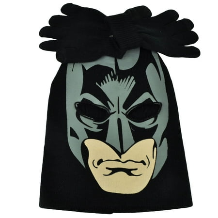 Batman Face Print Mask Youth Knit & Gloves Set Beanie Dark Knight Super Hero