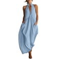thumbnail image 3 of Afuyipoi Womens Cotton Linen Halter Neck Backless Maxi Dress With Pockets, Loose Flowy Pleated Long Dress, Soft Breathable Casual Summer Beach Vacation Dress For Women Blue Size 2XL, 3 of 7