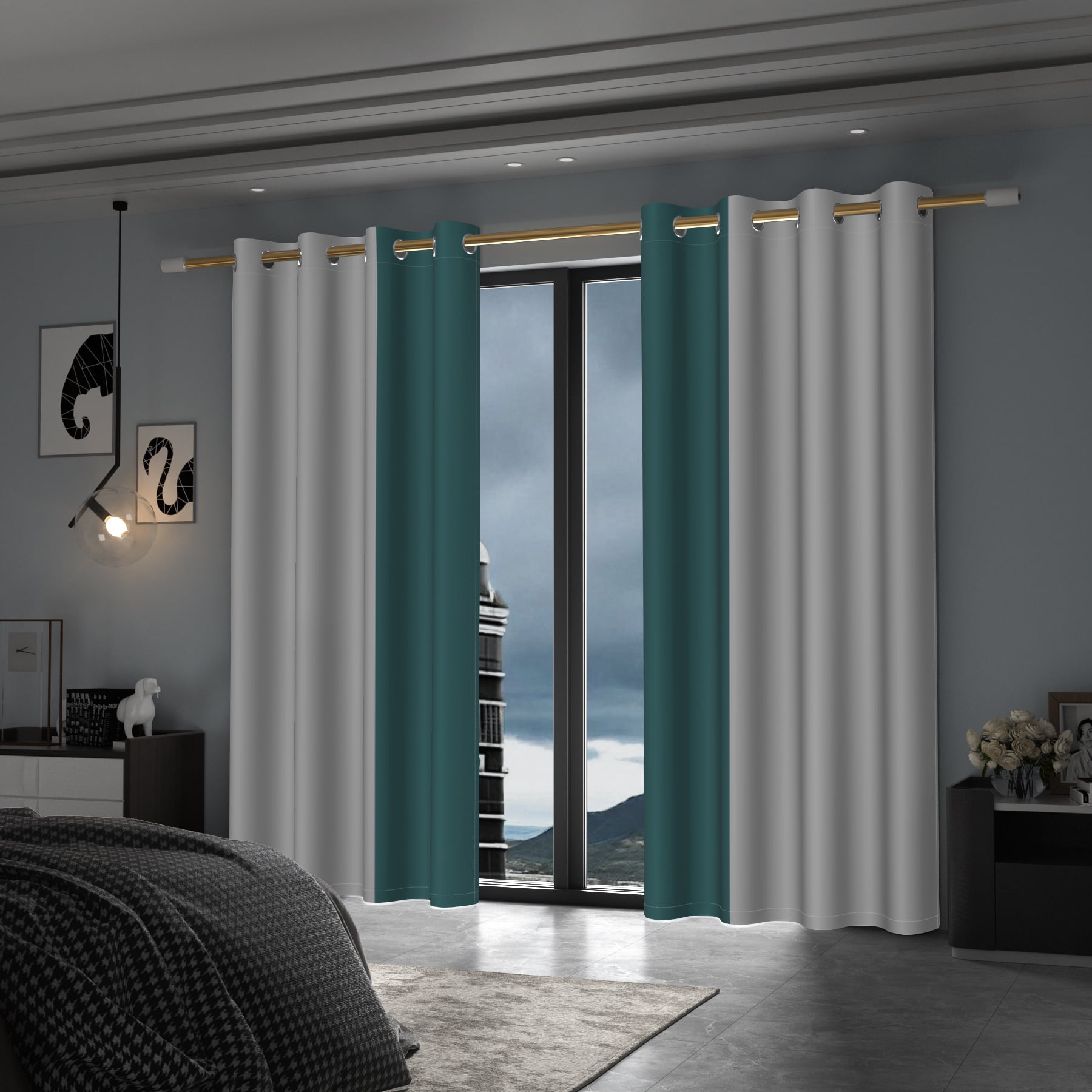 Lfeey Dark Green and Gray Blackout Curtains 63 Inches Long, Room Darkening Grommet Curtains, 2 Panels