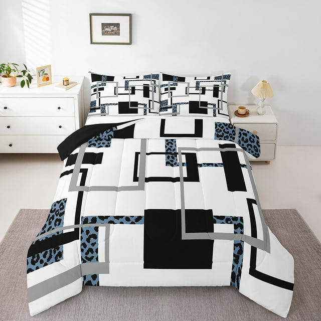 YST Ensemble de Douillette Grand Mi-Siècle pour Adulte, Literie Rayée Noire et Bleue, Ensembles de Douillette à Imprimé Guépard Moderne, Courtepointe Réversible Noire et Grise avec 2 Taies d'Oreiller