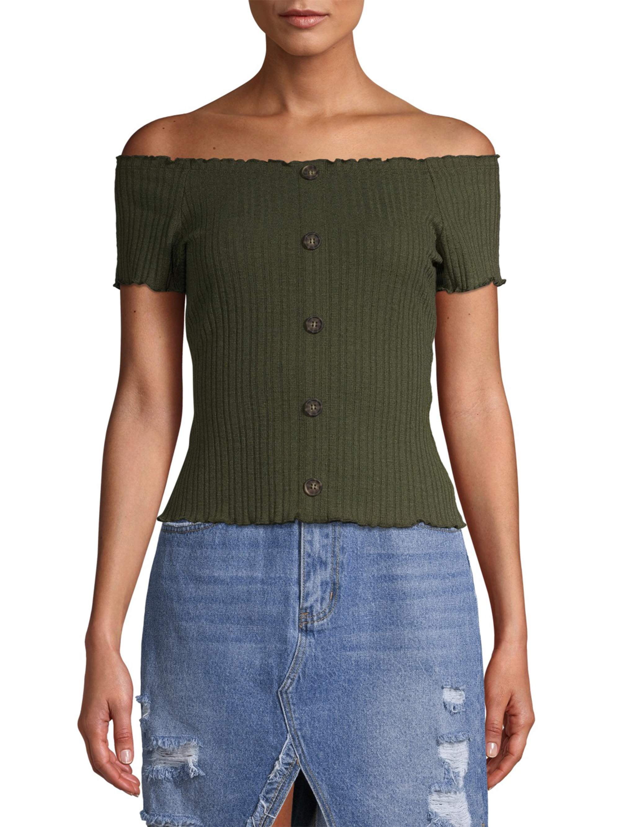 No Boundaries No Boundaries Juniors Ribbed Button Front Offthe
