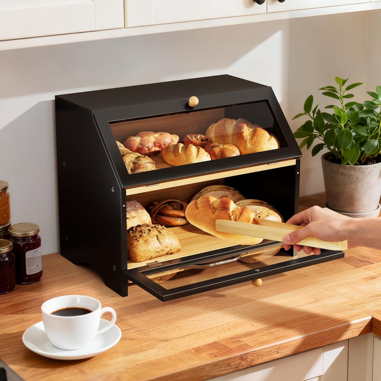 Double Layer Bamboo Bread Box for Kitchen Countertop, Large Capacity, Cutting Board, Stainless Steel Bread Knife, Double Layer Storage Container with Clear Windows, Black