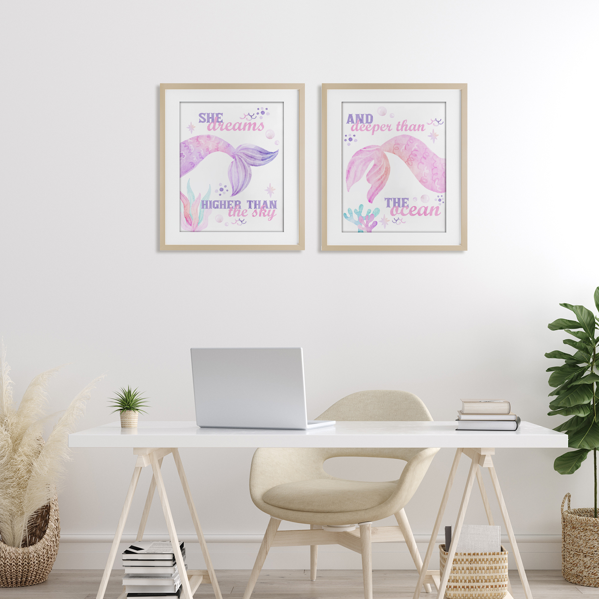 Mermaid Dreams Ocean & Sky 2 Piece Birch Framed Print Under Glass Set, design by Kim Allen