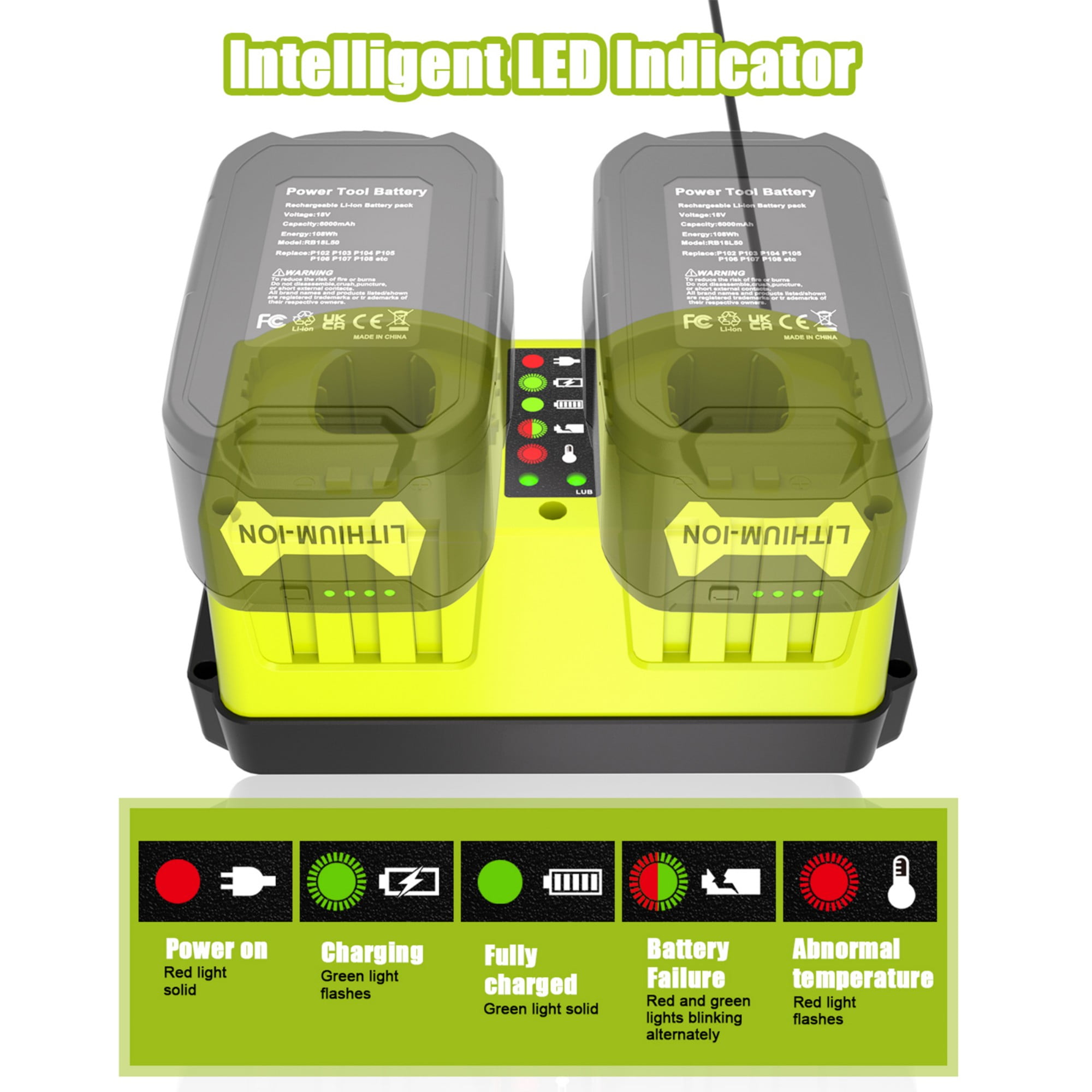 18V Dual-Port Simultaneous Charger for Ryobi ONE+ 18 Volt Battery P102 P103
