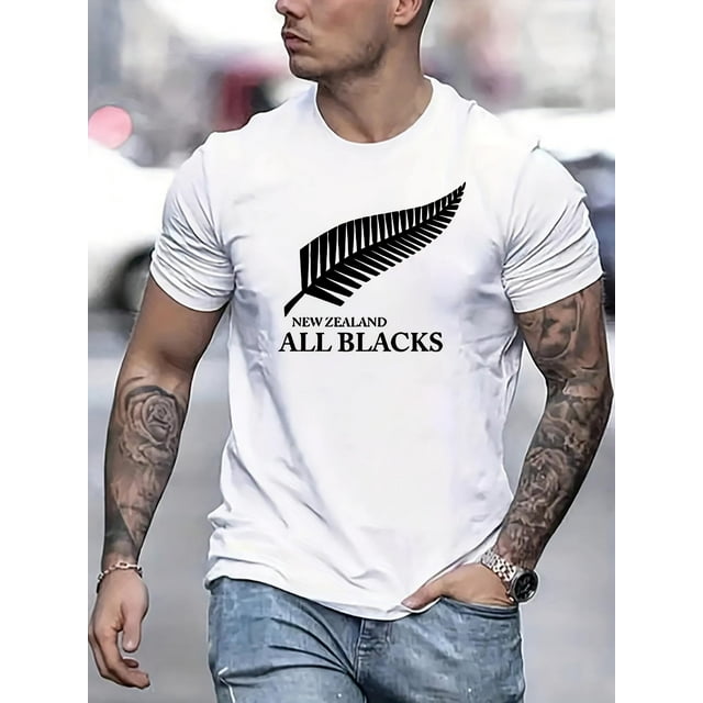 NEW ZEALAND ALL BLACKS Leaf Pattern Print, Men's Crew Neck Short Sleeve T-shirt, Casual Tops For Men, Men's Comfy Clothing For Daily Wear Tee For Adult, Men, Women, Teen, Teenager, Adolescent, Youth
