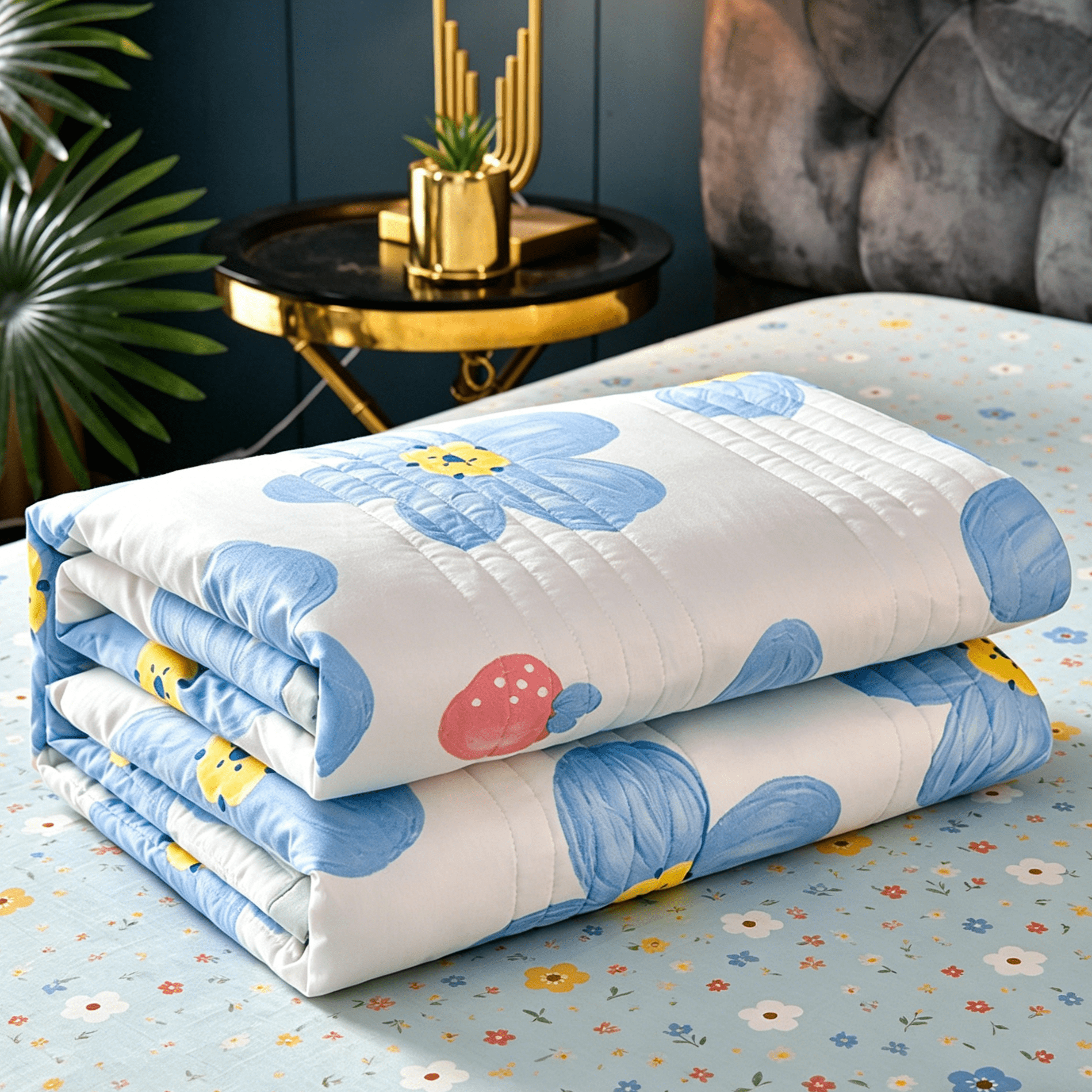 Oaskys Cartoon Flower Pattern Thin Quilt – Breathable Lightweight quilt with Cute Floral Design, Double-sided blanket for Girls, Toddlers & Teen