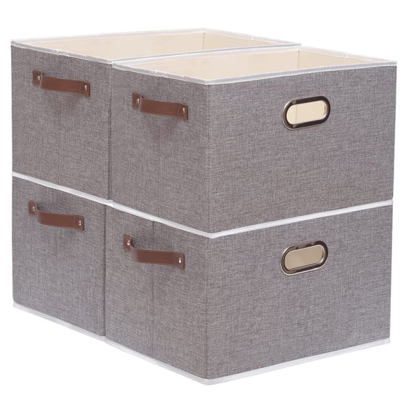 Yawinhe Collapsible Storage Bins 16.9 x 11.8 x 10.2 Inch Cube Storage Bins Fabric Foldable Storage Bins Organizer Containers with Dual Leather Handles for Home Bedroom Closet Office (Grey 4-Pack)