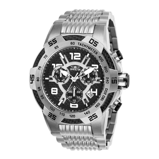 reloj invicta speedway 25285 acero invicta 25285 Reloj para hombre en acero con caja redonda, bisel con taquímetro y marcadores numéricos, esfera negra efecto fibra de carbono con tres subesferas cronógrafo y ventana de fecha entre 4 y 5, corona y pulsadores visibles y brazalete de eslabones sobre fondo blanco. A menudo se usa como reloj de moda diario por su diseño deportivo.