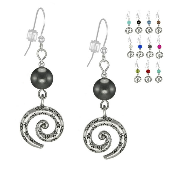 One Pair Textured Pewter Swirl & Bead Earrings with Sterling Silver Earwires - Hematite Gray