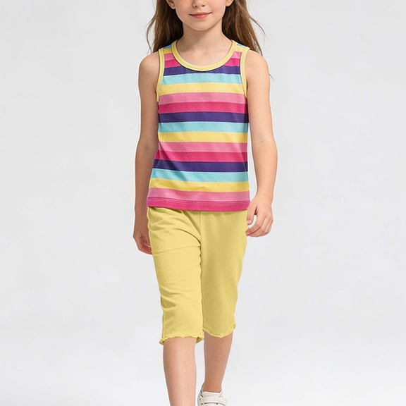 ITSAME Girls Outfit 2-Piece, Striped Print Tank Top and Capri Pants Cotton Summer Fashion Casual Set Yellow Size 10