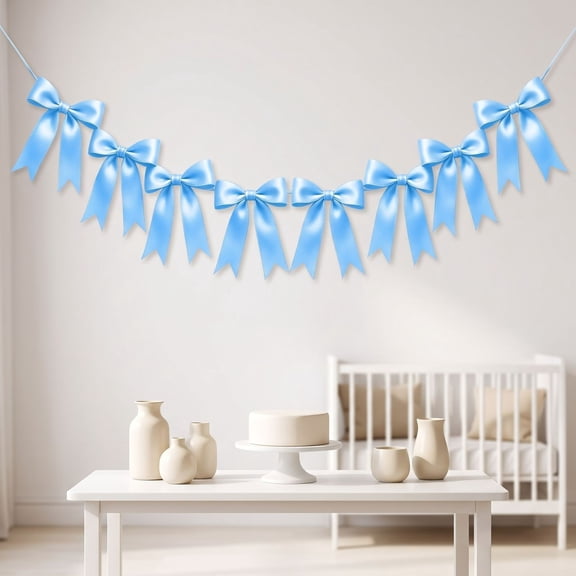 Satin Bow Garland, Cloth Hanging Ribbon Banner for Birthday, Shower, Wall, and Party Decor, Light Blue