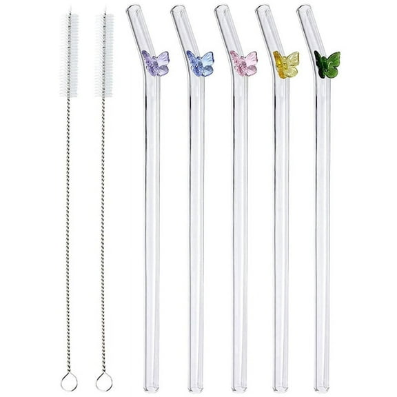 5 Pcs Reusable Glass Straws,Colorful Butterfly on Clear Straws