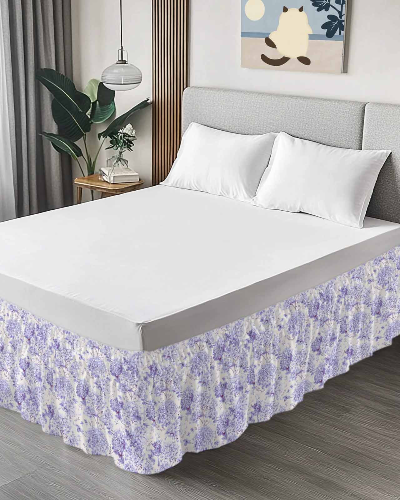 Purple Floral Wrap Around Bed Skirts for Queen Bed 18" Drop,Bed Skirt with Adjustable Elastic Belt Dust Ruffle Bed Valance for Bedroom Hotel Hydrangeas Flower Spring Summer Botanical Bed Frame Cover
