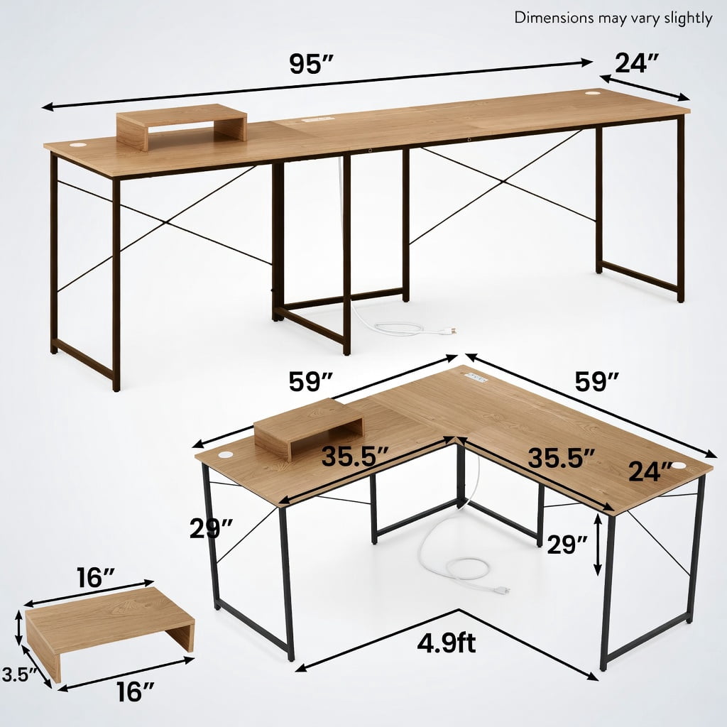 Demi Bonn 95" 2-Person L-Shaped Long Reversible Computer Desk with Monitor Stand, Small Home Office Desk Study Writing Table, Natrual