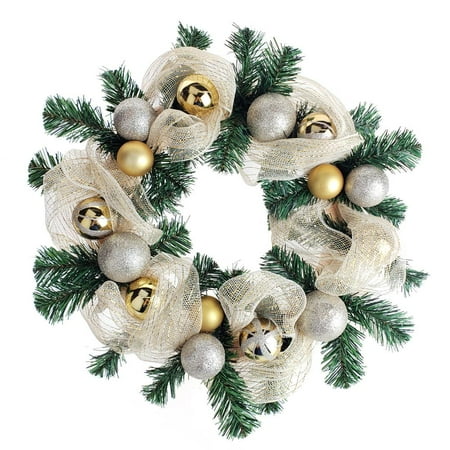 Green Deco Mesh Christmas Wreaths Decorated Gold Mesh Ribbon Christmas Wreath, Green/Champagne, 21-Inch ()