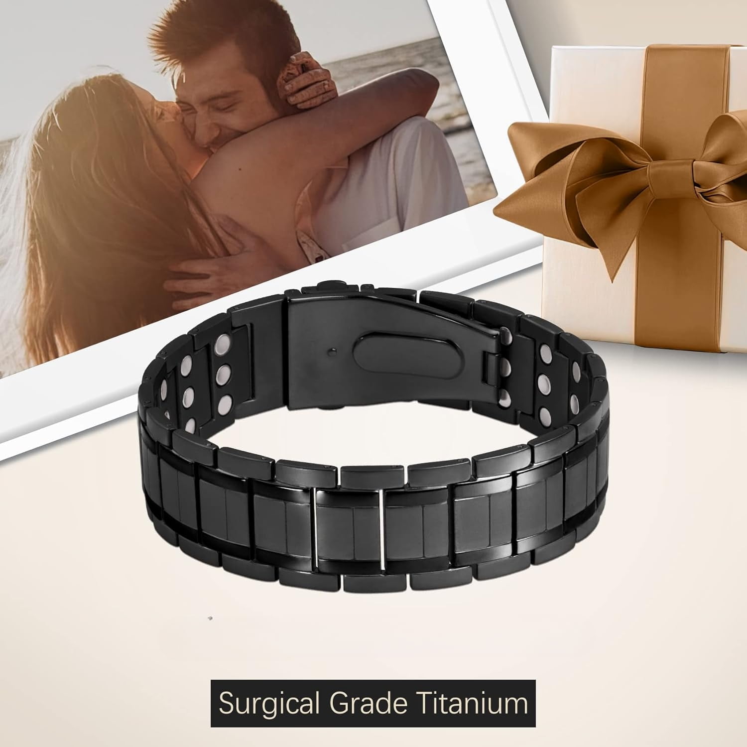 Wollet 3X Pure Titanium Magnetic Bracelets for Men with Folding Clasp (Black)