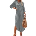 thumbnail image 1 of Innerwin Robe Chemise Manches Longues Dames Été Plage Robe d'Été Vacances Boutonnée Hawaïenne Maxi Robes Gris 2TG, 1 of 3