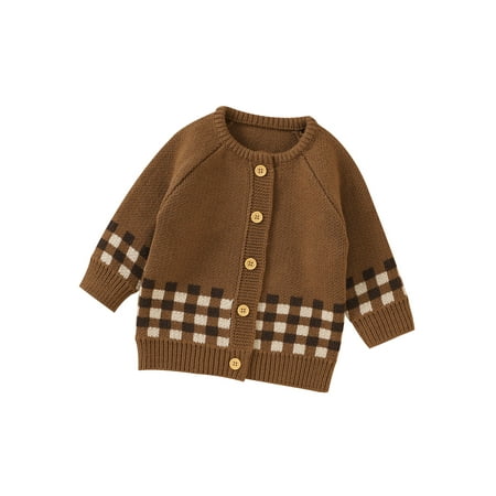 

Qmyliery Baby Girl Boy Knit Cardigan Plaid Patchwork Long Sleeve Button-Down Knitted Cardigan Sweater for Toddlers 0-18 Months