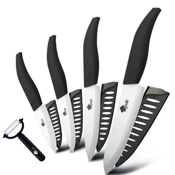 Ensemble de 4 Couteaux de Cuisine, Couteau à Lame en Céramique avec Éplucheur, Couteau à Pain Dentelé de 6 Pouces, Couteau de Chef de 6 Pouces, Couteau Utilitaire de 5 Pouces et Couteau d'Office de 3 Pouces