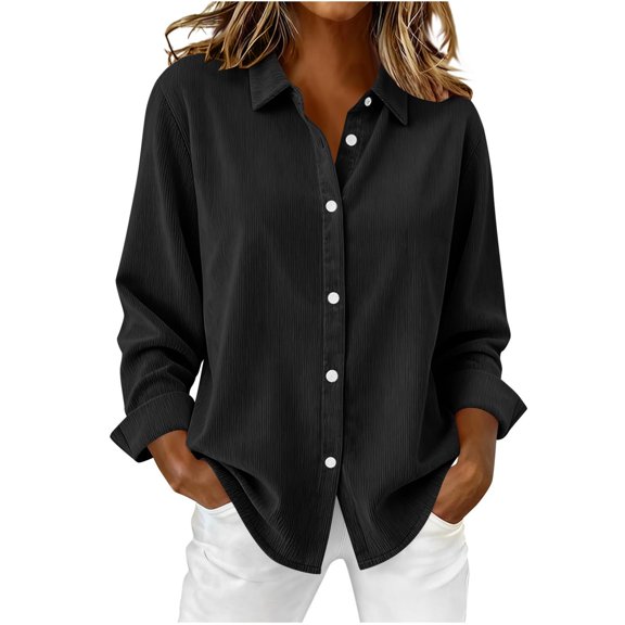 ManxiVoo Women's Corduroy Shirt Lapel Collar Fitted Shoulder Long Sleeve Casual Street Style Top for Fall Layering L Size Black