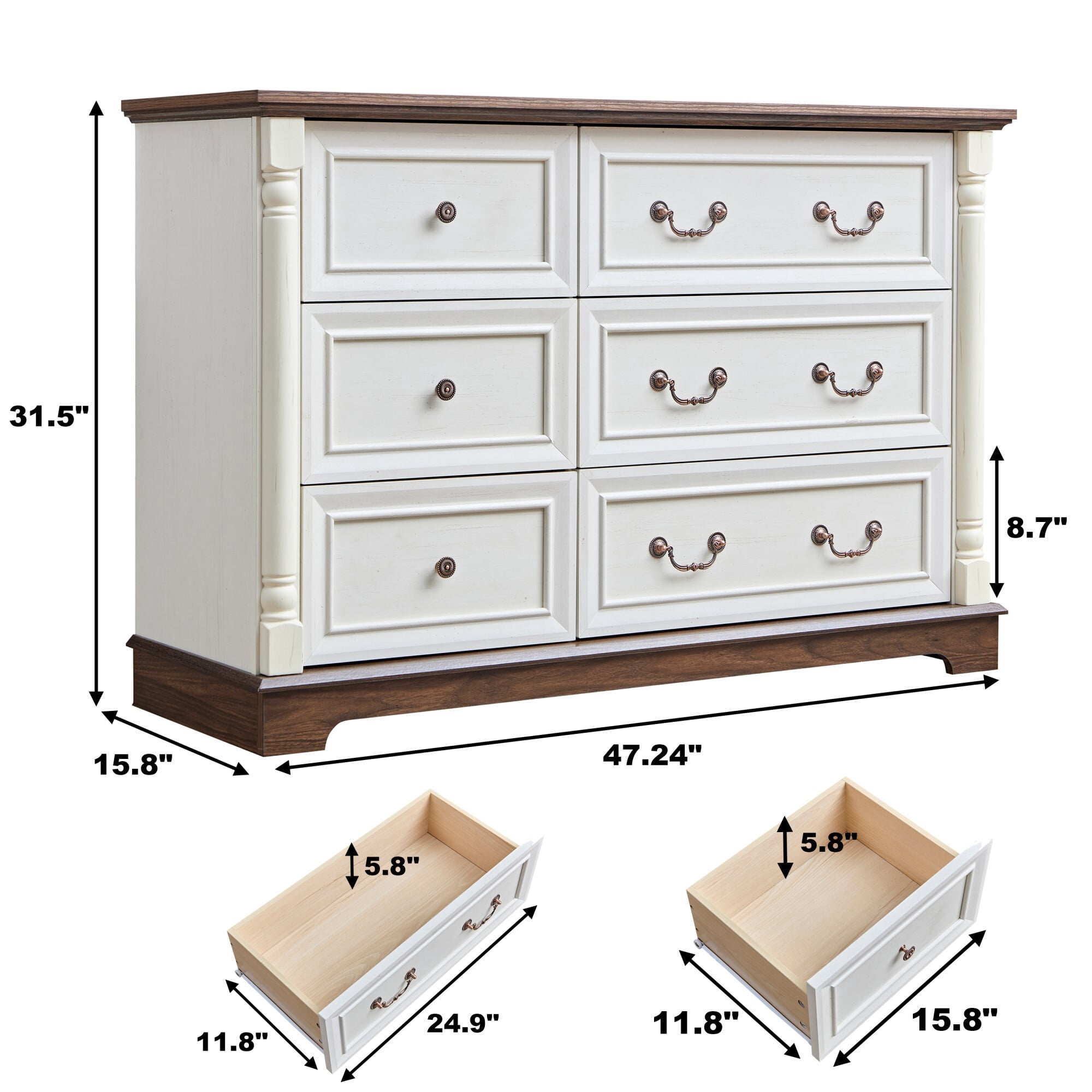 AENKYO 6-Drawer Wide Dresser, Rustic Farmhouse Chest of Drawers for Bedroom or Living Room, Antique White