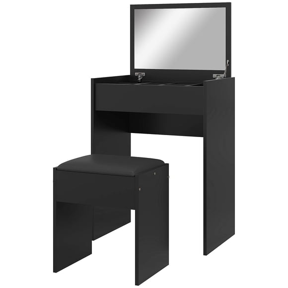 Modern Black Vanity Set with Flip Top Mirror & Stool - 2-in-1 Makeup/Desk for Bedroom - Compact Dressing Table - Particle Wood Construction - 23.7" x 15.8"
