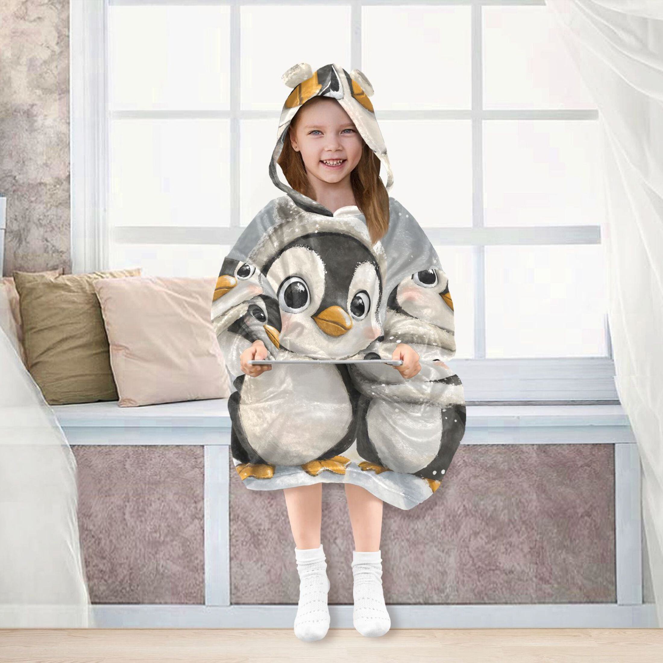 joogoo Wearable Blanket Hoodie for Kids Cute Penguins Flannel Oversized Sweatshirt 3-14 Years M