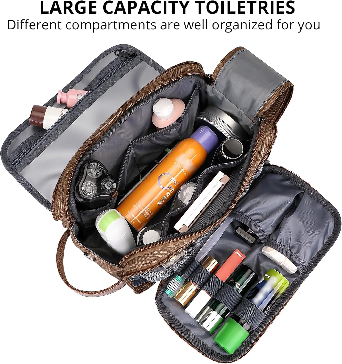 WITZMAN Canvas Toiletry Bag for Men Large Capacity Hanging Dopp Kit for Men Leather Toiletries Water-Resistant Bathroom Bag(A8002 Brown)