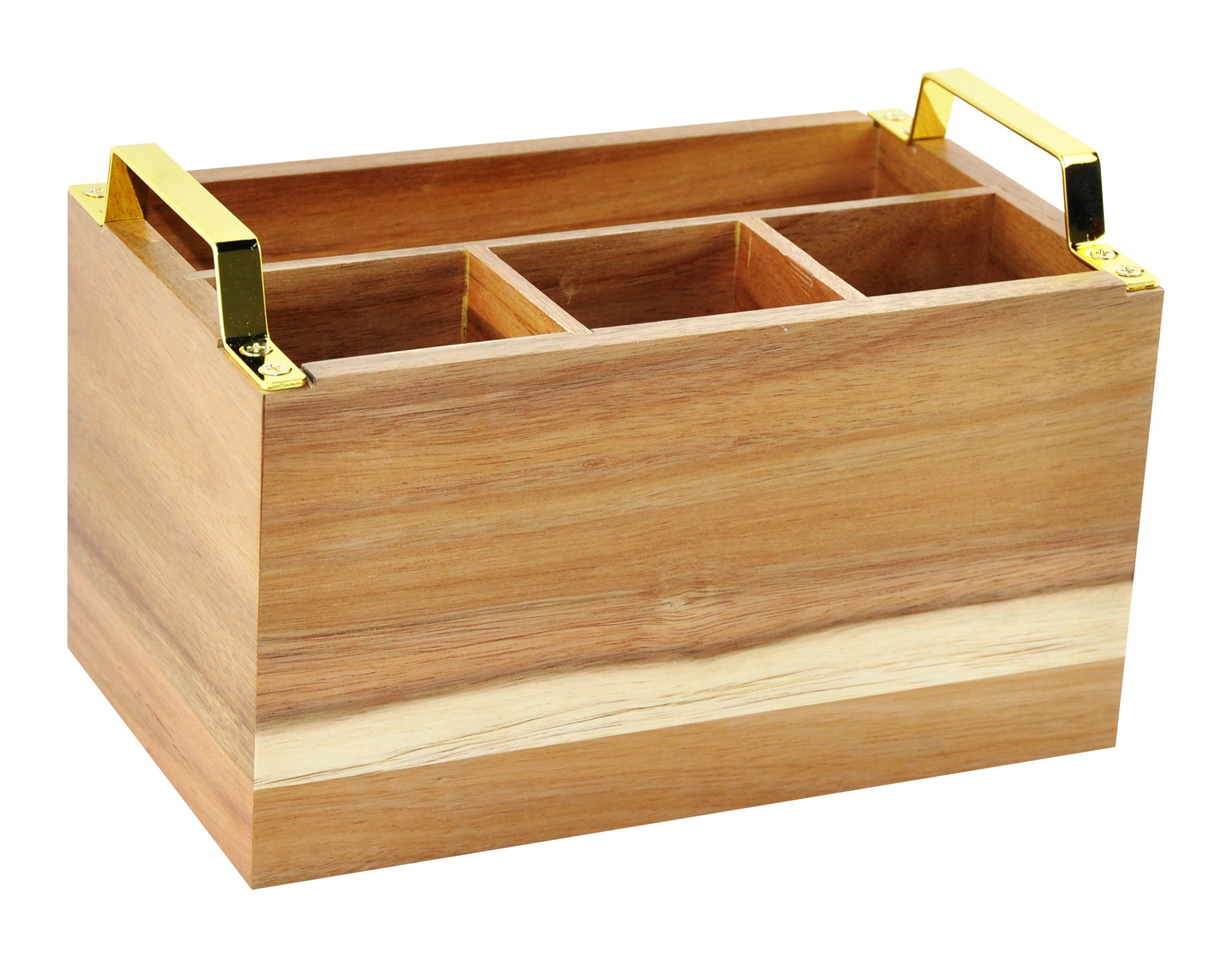 DUCIHBA Cutlery Flatware Caddy - 3 Part Utensil Holder - Metal Handle for Kitchen Counter - Wood, Brown - 10" W x 6" D x 6.5" H