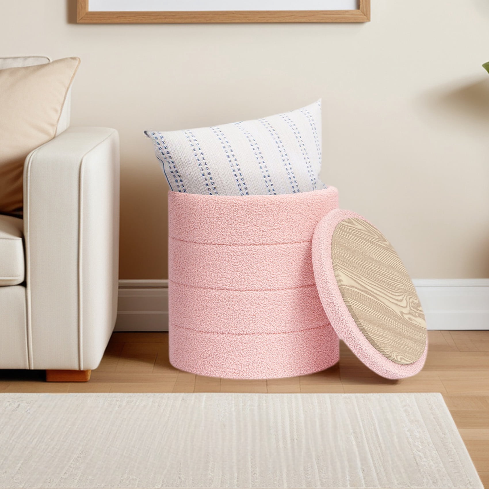 B FSOBEIIALEO 14.6inch Collapsible Storage Ottoman Round with Tray Teddy Fabric Living Room Bedroom Ottoman with Storage(Pink)