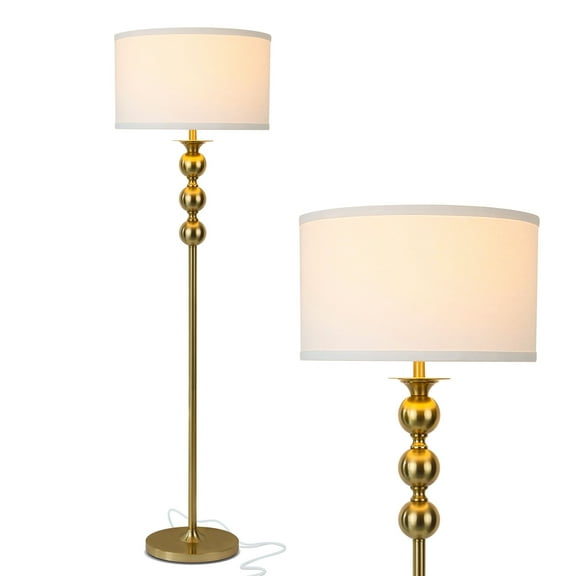 Brightech Riley 60 in. Antique Brass Mid-Century Modern 1-Light LED Super Bright Floor Lamp with White Fabric Drum Shade