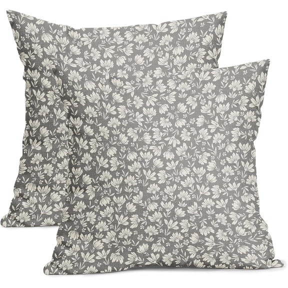 Daisy Floral Block Print Pillow Covers 18X18 Inch Grey Beige Flowers Decorative Square Pillow Cases Set of 2 Farmhouse Home Decor Vintage Rustic Cute Throw Pillows for Sofa Couch Outdoor