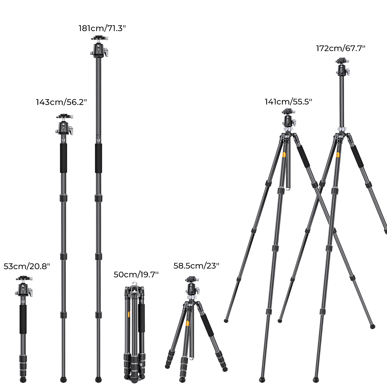 K&F Concept 68"/1.7m Carbon Fiber Camera Tripod, Professional Camera Tripod with 36mm Metal Ball Head Load,16KG/35.2lbs Travel Tripod for DSLR Camera