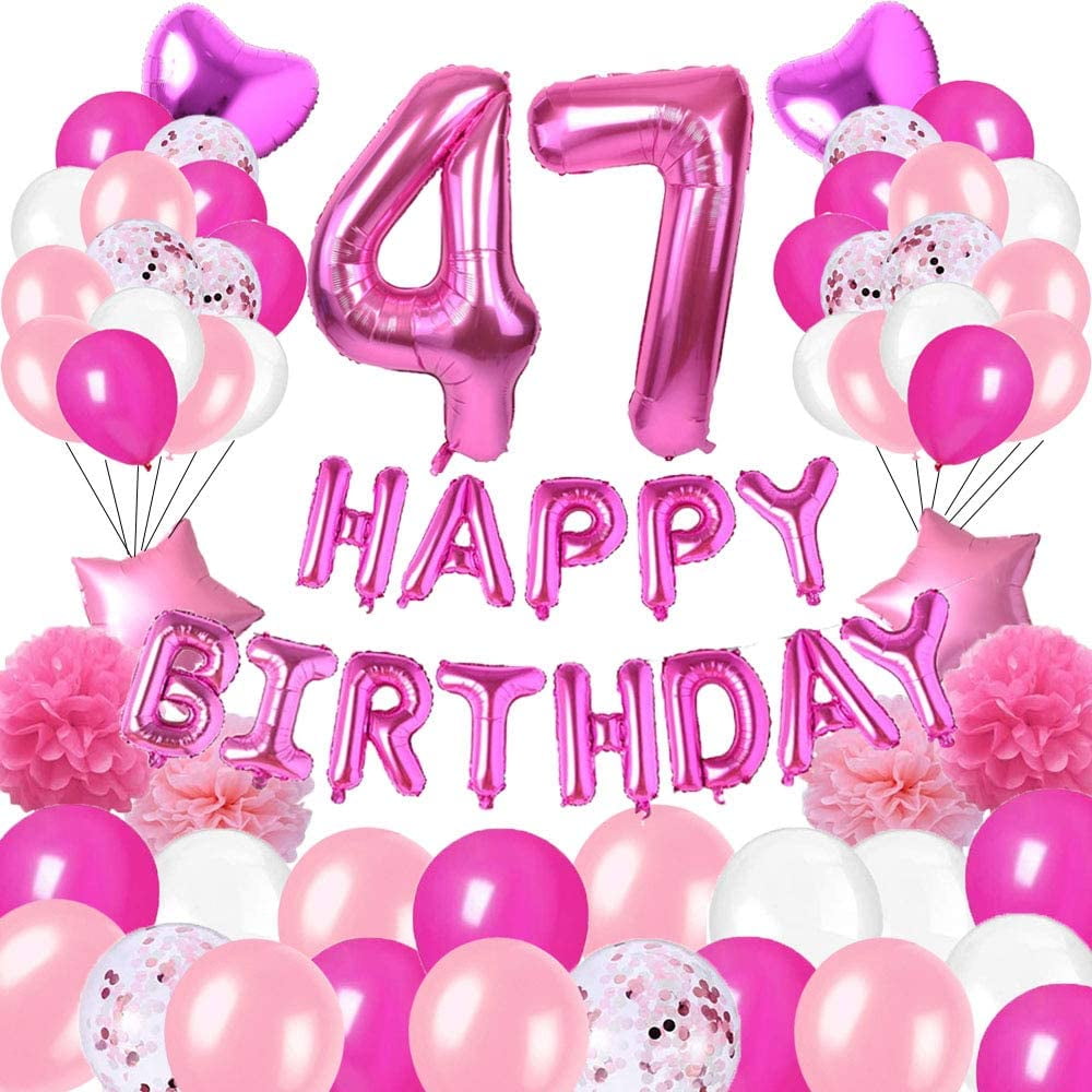 Pink Happy Birthday Banner Bunting with 10 Pcs 12 Inches Pink Latex Balloons & Confetti Balloons & 40 Inches Number Balloons for Girls Women Birthday Party Decorations