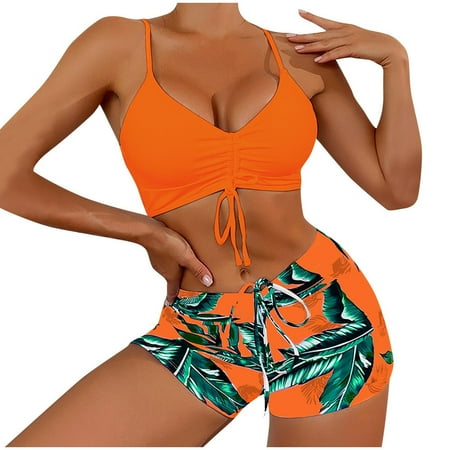 Oplxuo Tankini Bathing Suits for Women Two Piece Swimsuits Drawstring Padded Swim Top with Tropical Print Boyshorts Swimwear