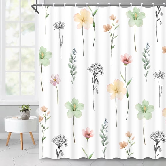 Ikfashoni Green Flowers Shower Curtain with Hooks,13pc Waterproof Fabric Bathroom Curtain, 72"X72"